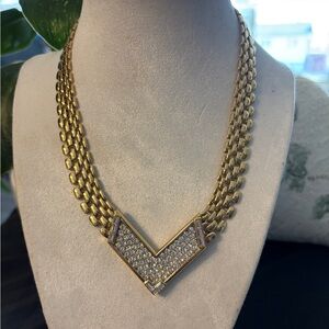 Vintage D’Orlan Rhinestone Chevron Statement Necklace Gold Tone Art Deco